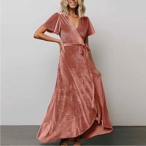Rose Velvet Ribbed Wrap Dress